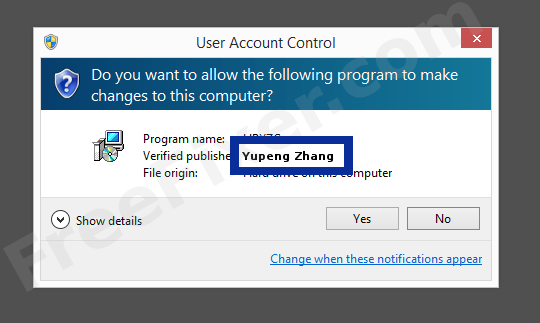 Screenshot where Yupeng Zhang appears as the verified publisher in the UAC dialog